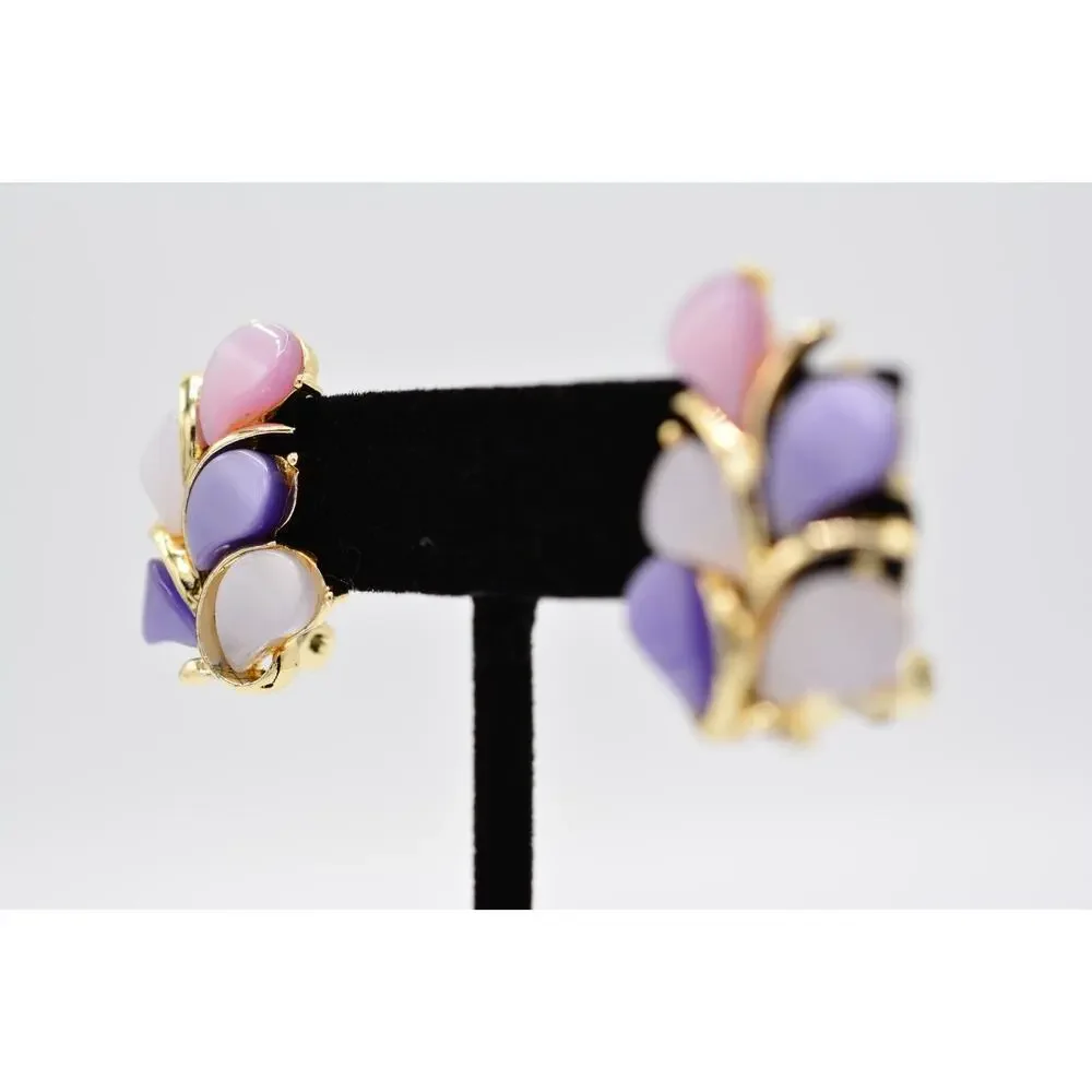Kramer Vintage Clip On Earrings Purple Pink Lucite Floral Leaf Gold Signed BinAA